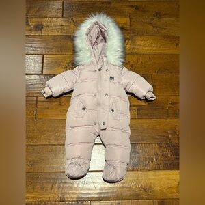 Mother’s Babybear Pink Puffer Snowsuit with Faux Fur Hood – Cozy & Warm